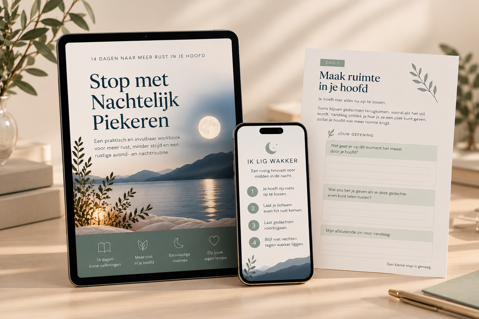 Het workbook Stop met Nachtelijk Piekeren op tablet en telefoon, met een uitprintbaar werkblad