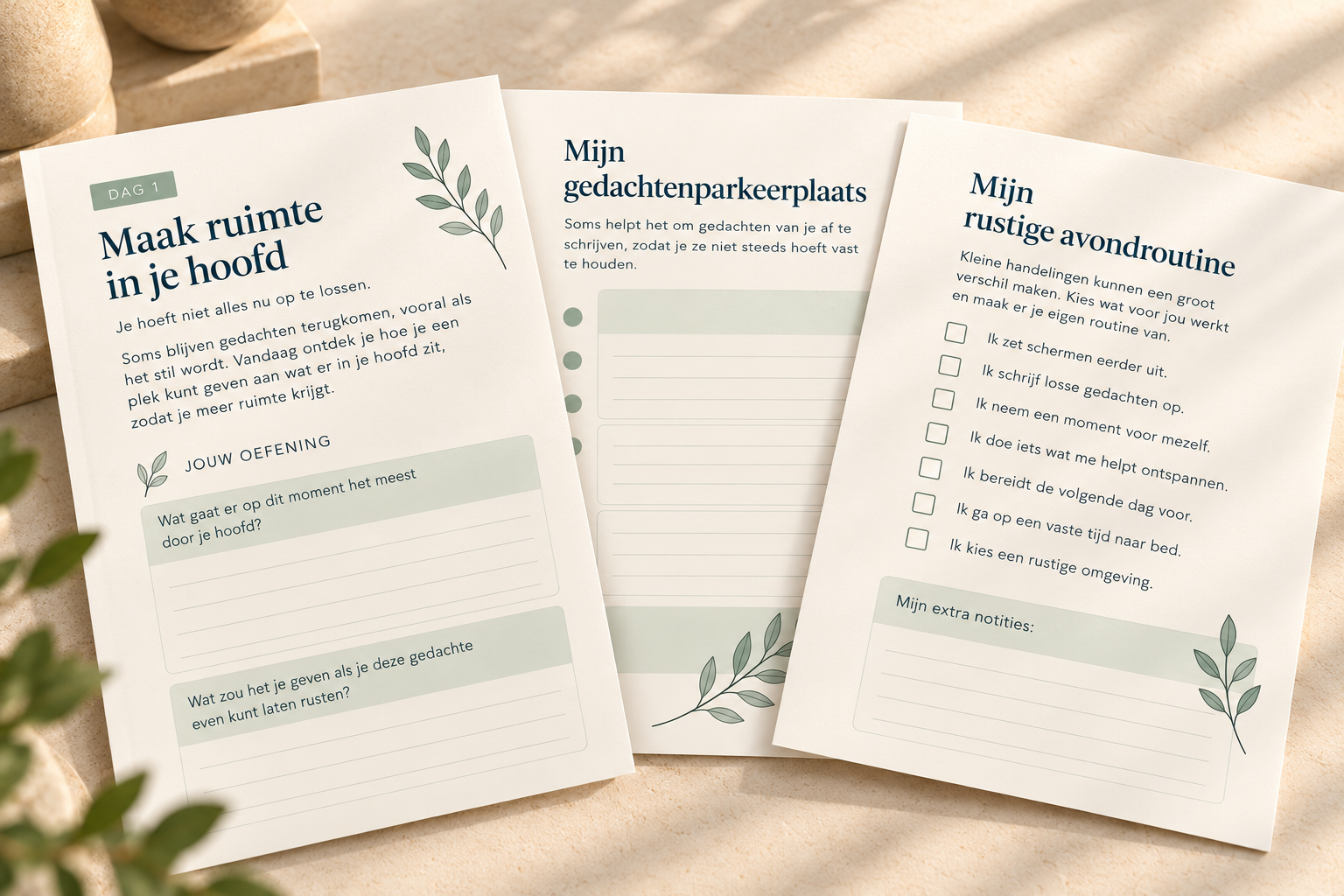 Drie werkbladen: Maak ruimte in je hoofd, Mijn gedachtenparkeerplaats en Mijn rustige avondroutine